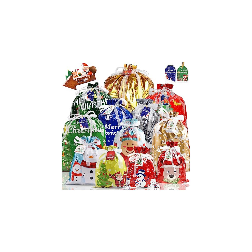 New Mokani Christmas Bags 30Pcs Christmas Drawstring Gift Bags Assorted Sizes Large Medium Small Christmas Wrapping Bags 12 Design Goody Bags For Presents With