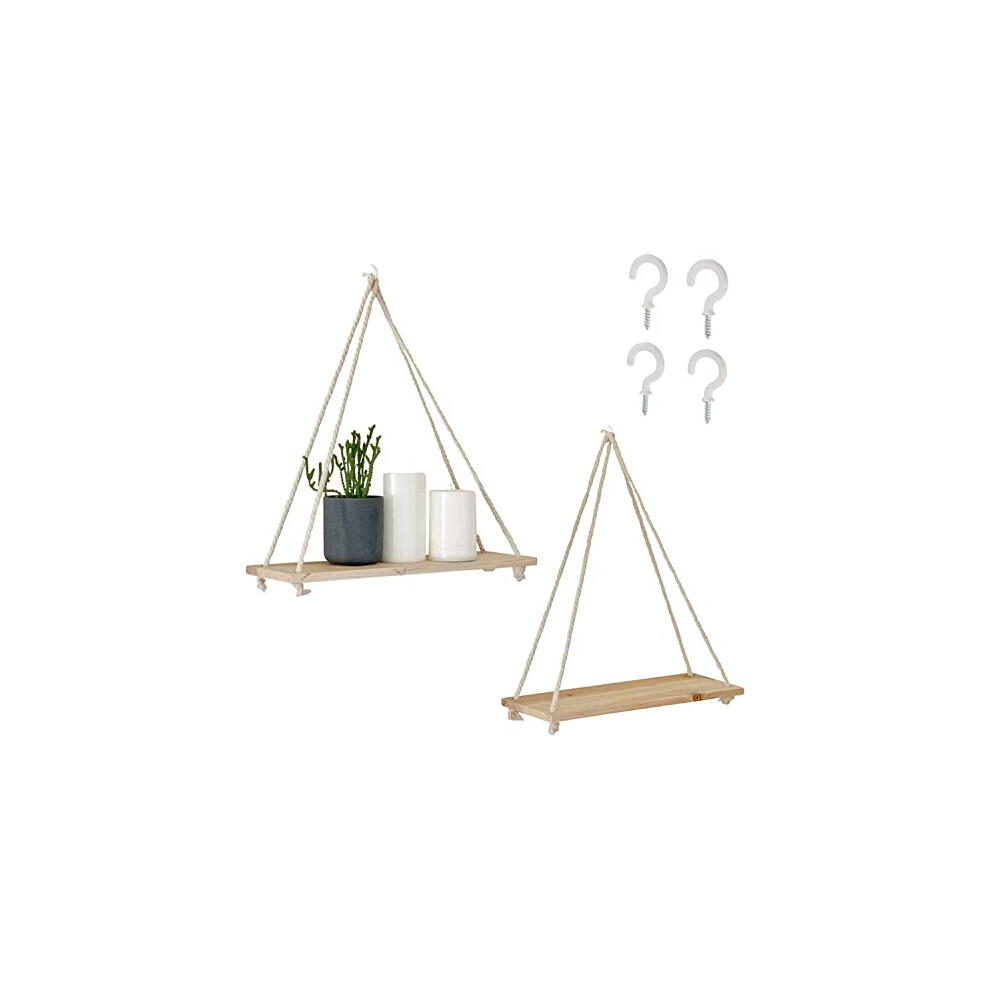 Hanging Shelves For Wall (Set Of 2 With Hooks), Wooden Rope Shelves Macrame, Floating Shelves Rustic Reclaimed Wood Swing Display Shelf, Shelving 5051215943861