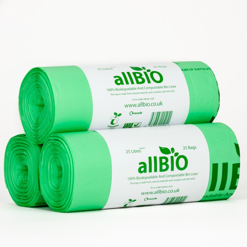 allBIO 25 Litre Extra Thick Compostable Kitchen Kerbside Bin Bags - 75 Liners