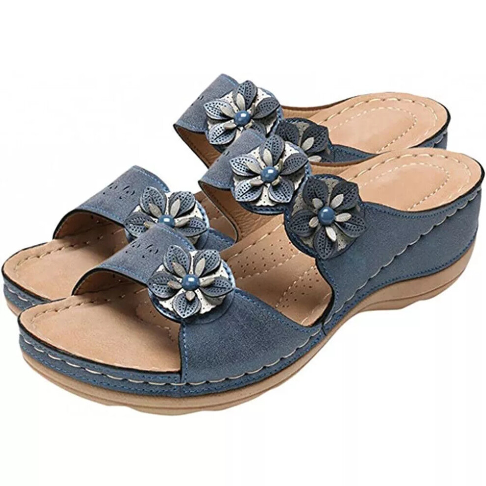 (Blue, UK 3) Ladies Summer Orthopedic Slippers Non-Slip Womens PU Leather  Casual Sandals Size