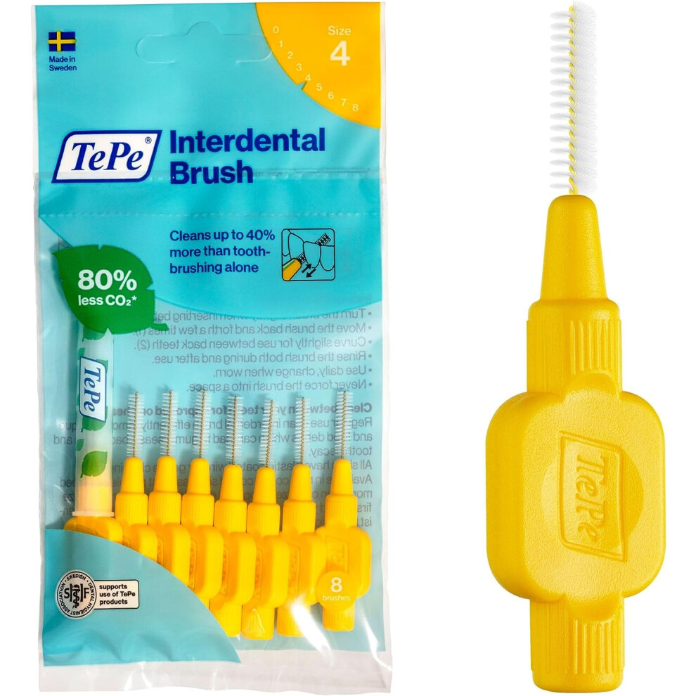 TePe Interdental Brush, Original, Yellow, 0.7 mm/ISO 4, 8pcs, Plaque removal, Efficient Clean Between The teeth, Tooth floss, For Narrow Gaps