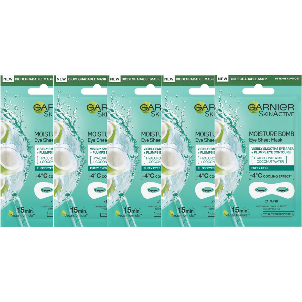 5 X Garnier Skin Active Moisture Bomb Eye Sheet Mask for Puffy Eyes