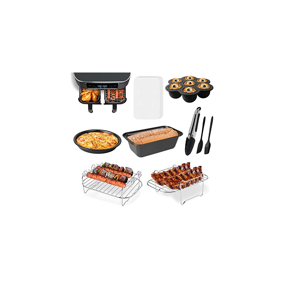 Air Fryer Accessories, Set of 9 Fit for Ninja Dual Air Fryer AF300UK, AF400UK & Most 7.6L - 9.5L Dual Zone Air Fryers, Include Cake & Pizza Pan, Rack,