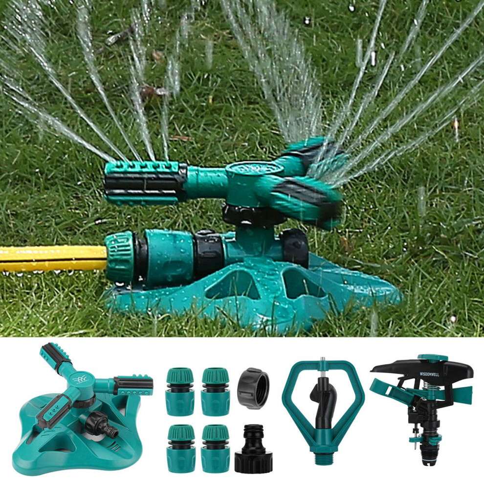 WISDOMWELL Garden Sprinkler Adjustable water spray range Suitable for large areas of lawn Automatic 360 Degree 3 Arm Rotating Sprinkler System