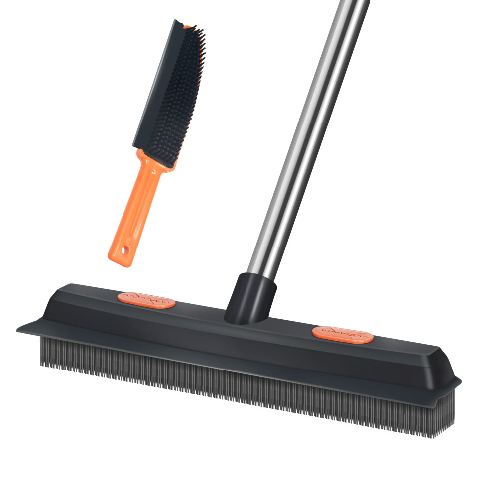 Carpet Rake for Pet Hair Remover Long Handle with Squeegee, Rubber Broom Carpet Brush Non Scratch Bristles Fur Remover Indoor Outdoor Push Broom for