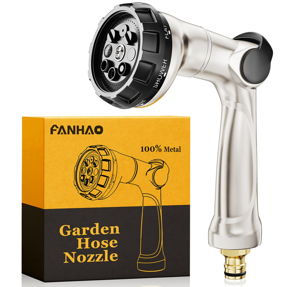 FANHAO Professional Heavy Duty Garden Hose Spray Gun, 100% Metal Thumb Control Hose Gun with 8 Spray Patterns, High Pressure Hose Nozzle for Lawn &