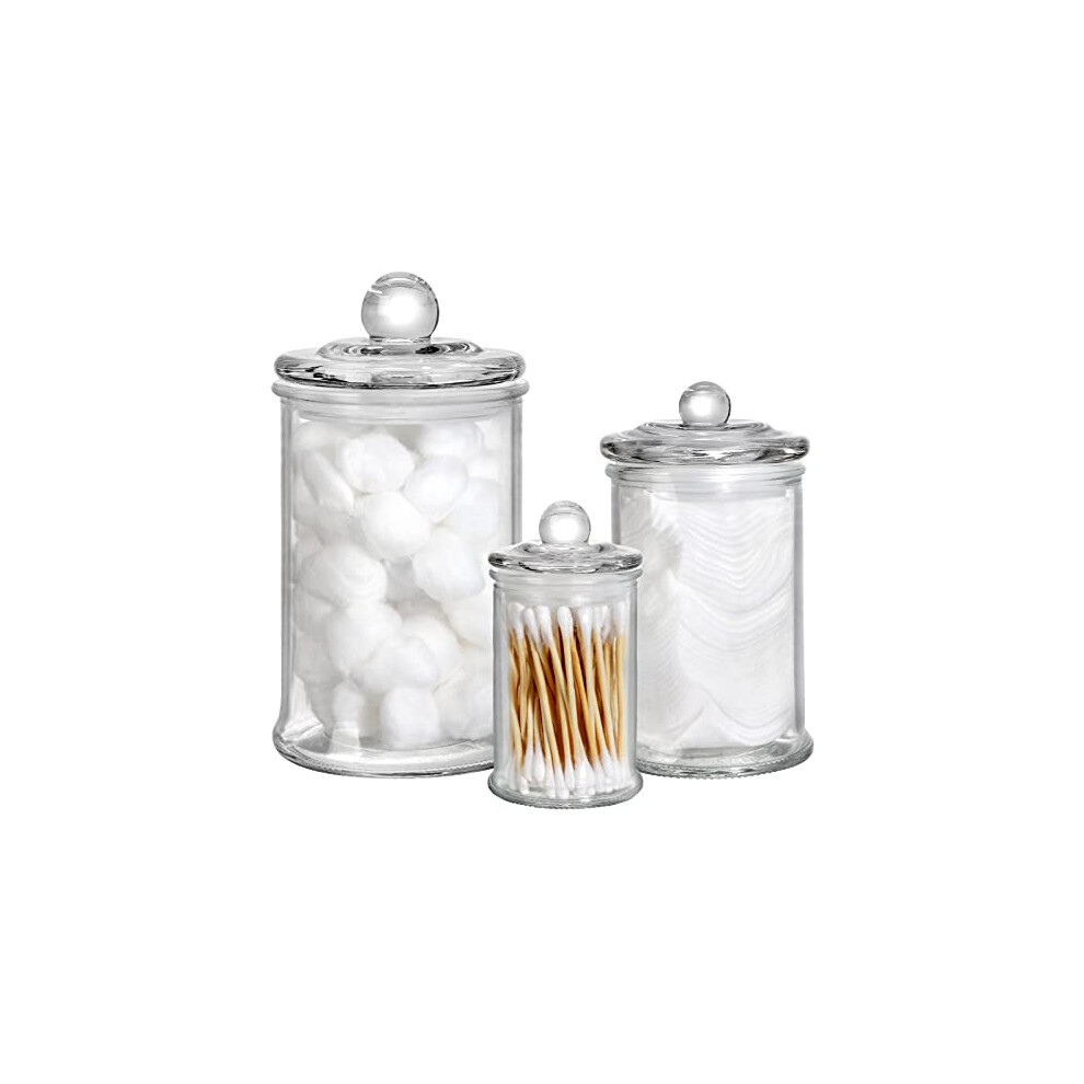 Suwimut Set of 3 Glass Apothecary Jars with Lids, Bathroom Vanity Storage Organizer Clear Apothecary Jars Qtip Holder Canister Set for Cotton