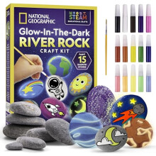 National Geographic Glow in The Dark Rock Painting Kit - Arts & Crafts Kit for Kids, Decorate 15 River Rocks with 15 Paint Colors & More Art Supplies,