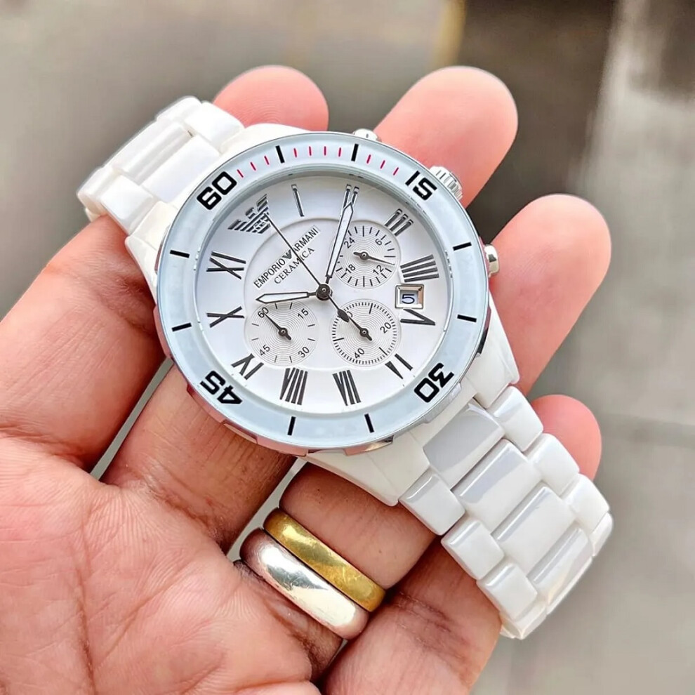 Armani Men's Watch AR1424 White Ceramic Bracelet White Dial White Case