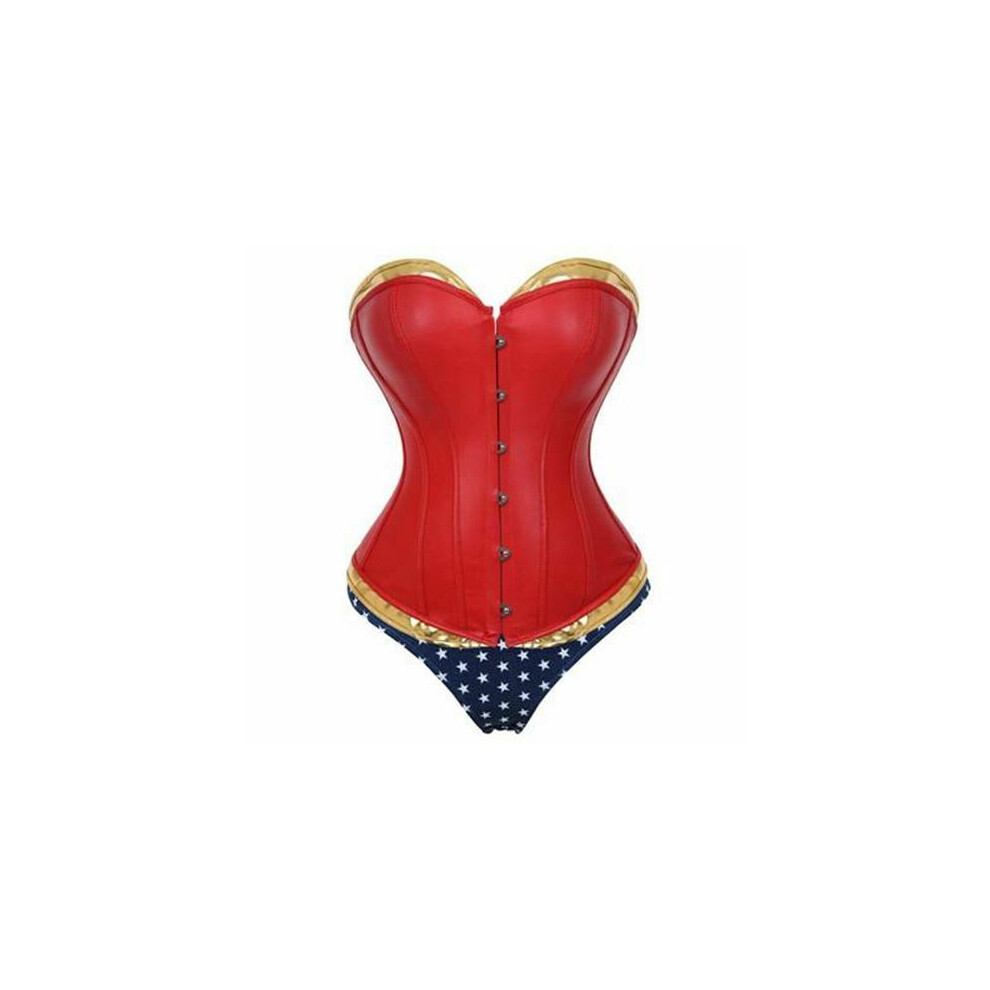 (Red, S) Wonder Woman Faux Leather Corset Costume With Blue Pants Cosplay Superhero