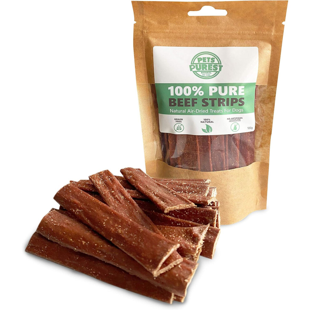 Pets Purest Dog Treats Beef Strips Natural Air-Dried Chews for Dogs Puppy Pure Hypoallergenic Grain Gluten Lactose Free Raw Pet Food Sticks 100g