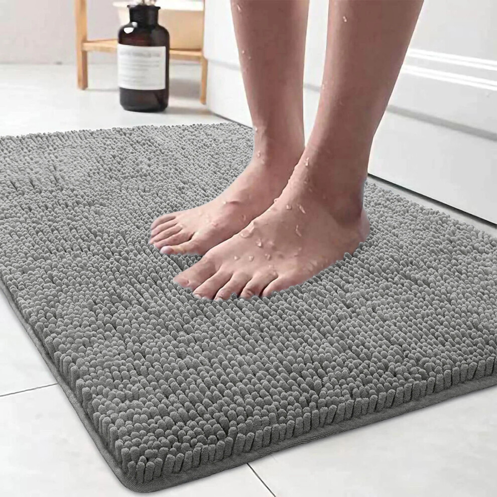 (40cm x 60cm, Grey) Non-Slip Bath Mats Chenille Bathroom Shower Rug
