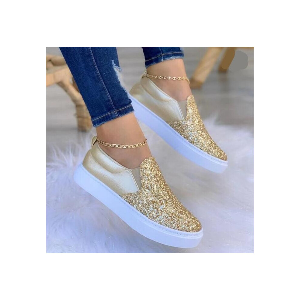 (Gold, UK 6) Ladies Womens Flat Slip On Glitter Summer Pumps Skate Fashion Trainers Shoes Siz