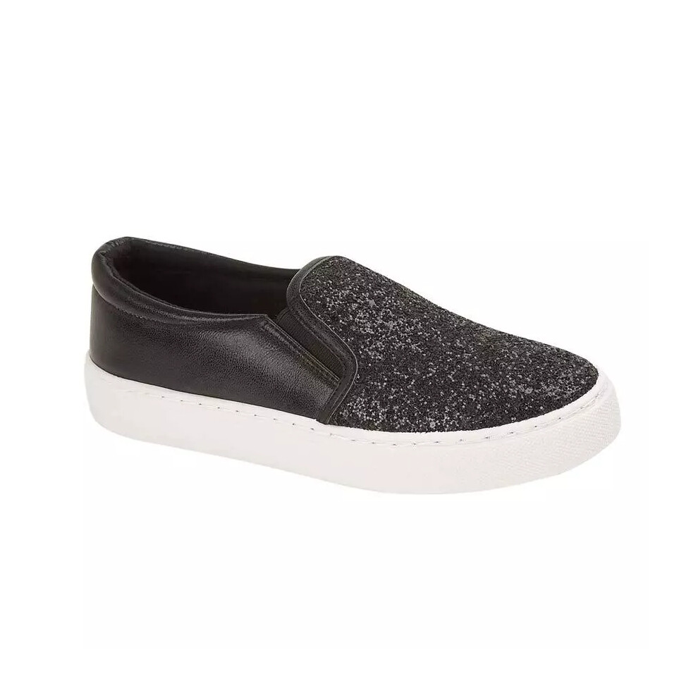 (Black, UK 5) Ladies Womens Flat Slip On Glitter Summer Pumps Skate Fashion Trainers Shoes Siz
