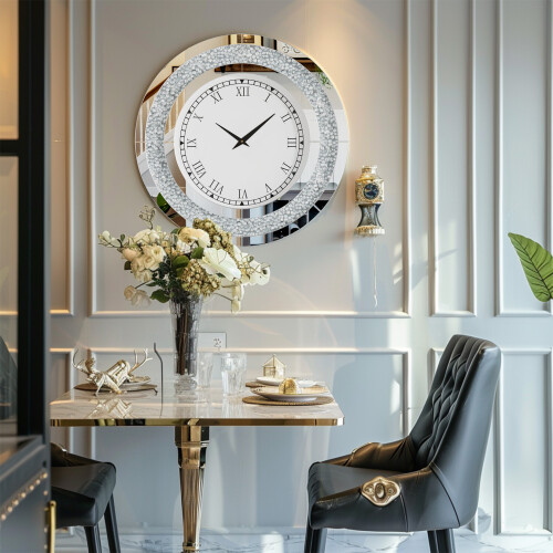 (Silver) Crushed Diamond Mirrored Wall Mirror Clock 2