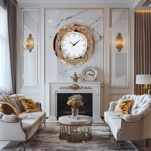 (Brown) Crushed Diamond Mirrored Wall Mirror Clock 2