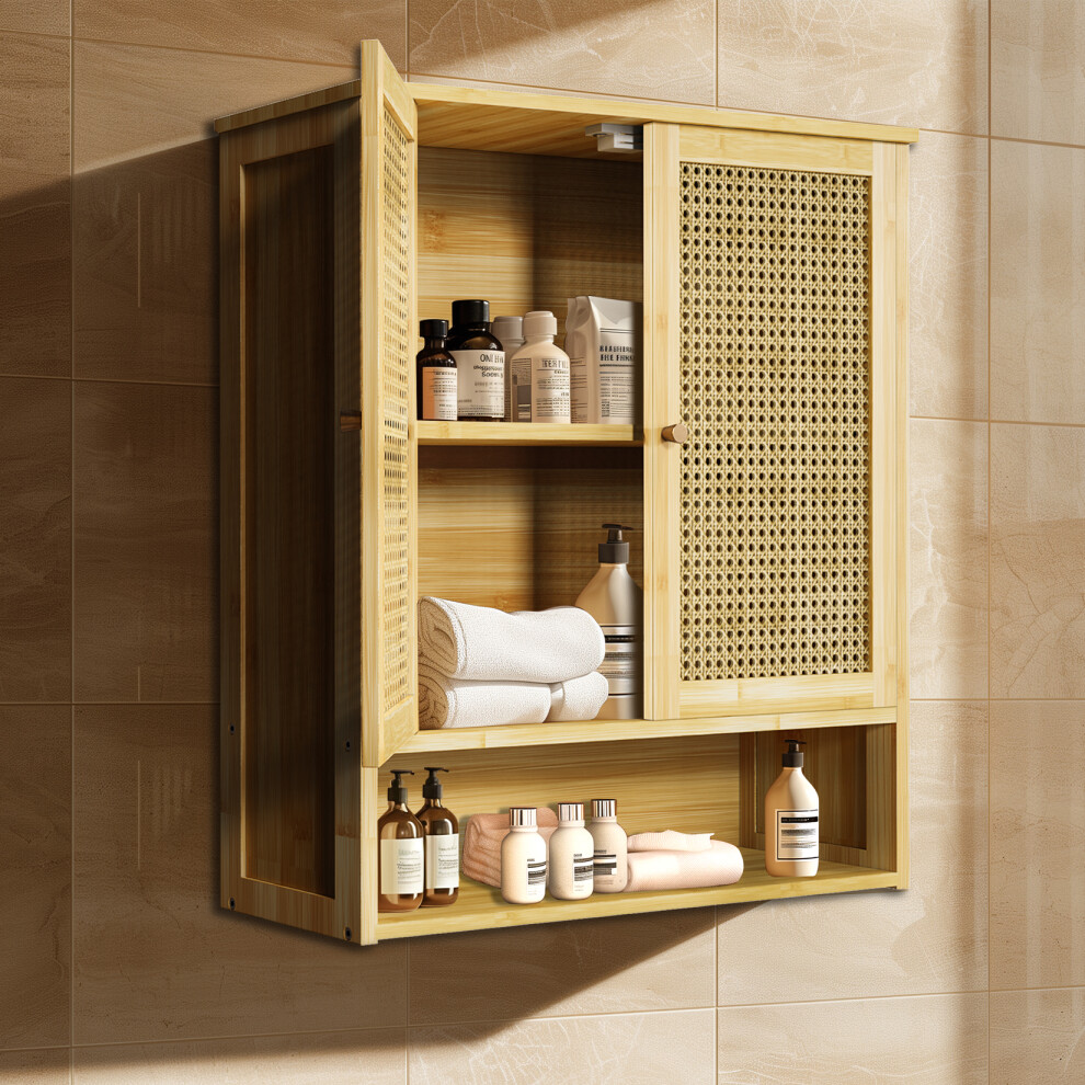 Bamboo Wood Wall Mounted Storage Cabinet Bathroom Hanging Cabinet