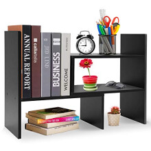 Hossejoy Adjustable MDF Desktop Bookshelf Desk Storage Organizer Display Shelf Rack, Counter Top Bookcase, Black