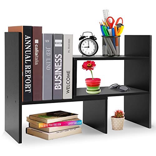Hossejoy Adjustable MDF Desktop Bookshelf Desk Storage Organizer Display Shelf Rack, Counter Top Bookcase, Black