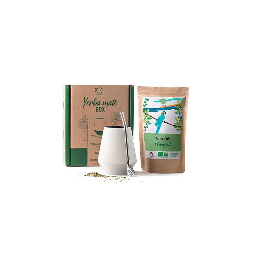 ORIGEENS YERBA MATE SET with Yerba Mate gourd, Mate Bombilla and Organic Yerba Mate Tea | Stylish Ceramic Yerba Mate Cup | Original gift set