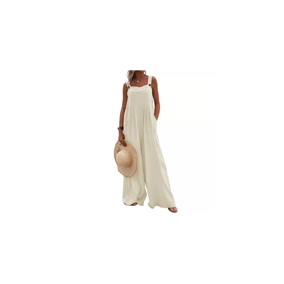 (Beige, S) Ladies Strappy Loose Dungarees Oversized Romper Baggy Overalls Jumpsuit Playsuit
