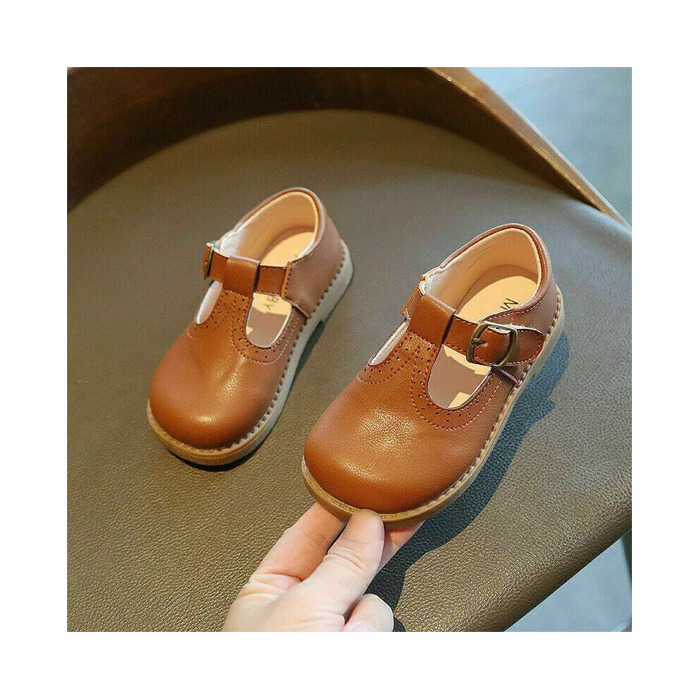 (UK 10.5Kids, Brown) GIRLS LEATHER DRESS SHOES TODDLERS WEDDING PARTY SCHOOL SHOES FLAT FORMAL SIZE-image-OPC-PF25Z9V-NEW