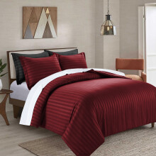 (Double: 200 x 200 CM, Burgundy Red) Stripe Duvet Quilt Cover Set OR Pillowcases Pair
