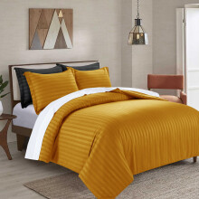 (Double: 200 x 200 CM, Ochre Mustard) Stripe Duvet Quilt Cover Set OR Pillowcases Pair