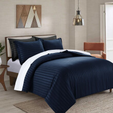 (Double: 200 x 200 CM, Navy Blue) Stripe Duvet Quilt Cover Set OR Pillowcases Pair