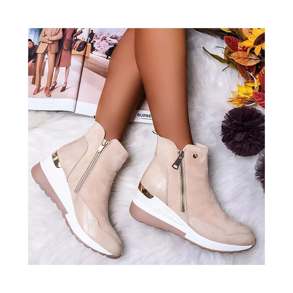 (Beige, UK 5 / EU 38) Womens Wedge Heel Faux Suede Zip Casual Bootie Ankle Ladies Boots Size