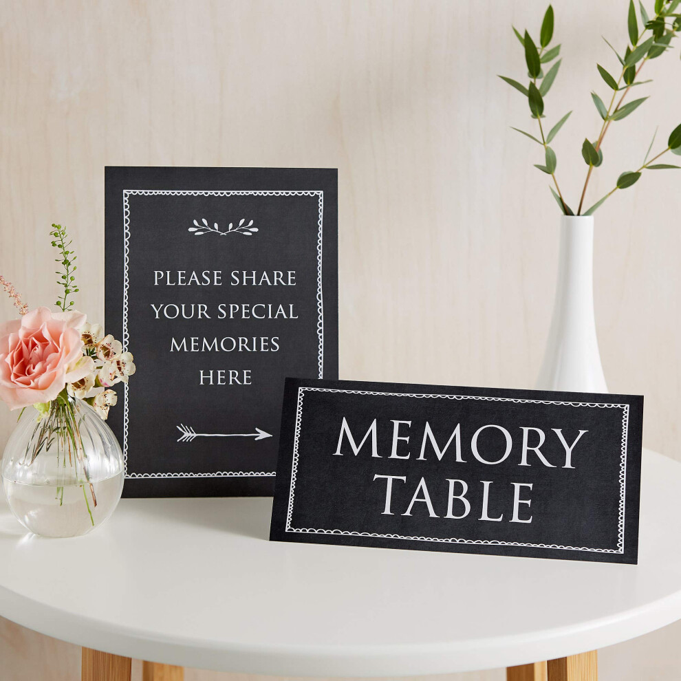 ANGEL & DOVE Set of 2 Card Signs 'Memory Table' & 'Share Your Memories' (Black) - for Funeral Condolence Book, Memorial, Celebration of Life