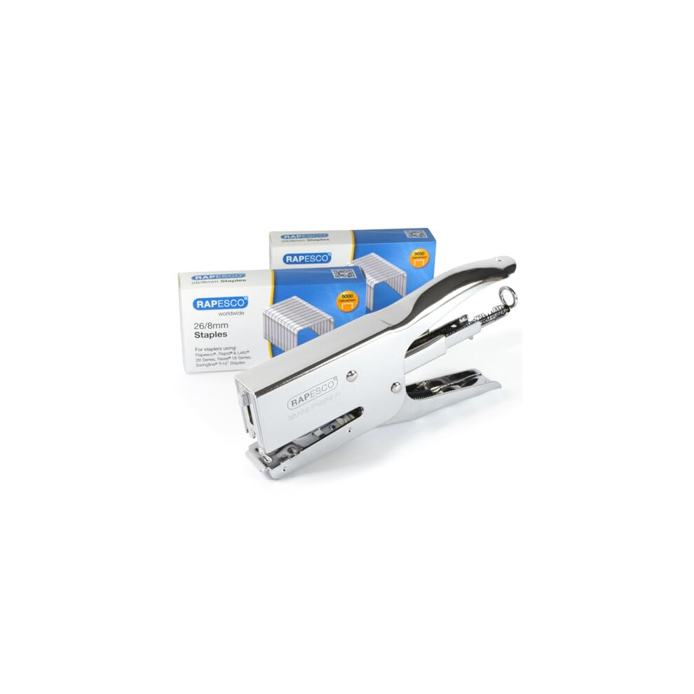 Rapesco 1298A Stapling Set with Porpoise Packaging Stapler & 2 Boxes of 5000 x 26/8mm Staples, 45 Sheet Capacity, Chrome