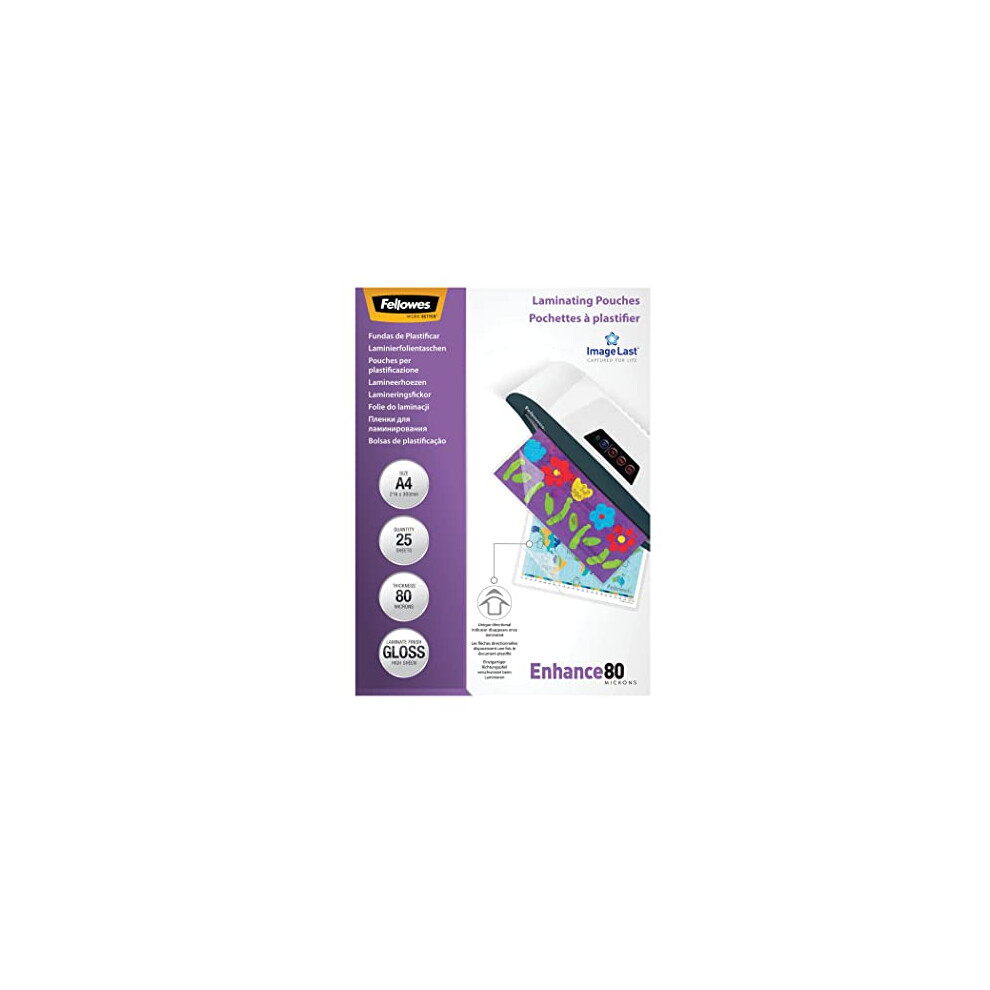 Fellowes A4 Laminating Pouches - Gloss Finish - 25 Sheets - 160 Micron (2 x 80 Micron) High Quality Finish with Image Last Directional Quality Mark -