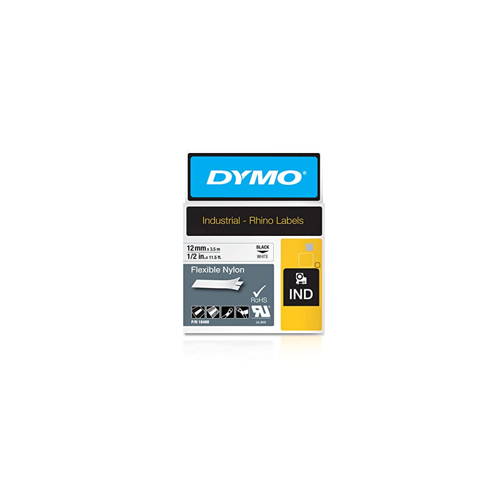 DYMO Rhino Industrial Flexible Nylon Labels | 12 mm x 3.5 m | Black Print on White | Self-Adhesive | for Rhino & LabelManager Label Makers