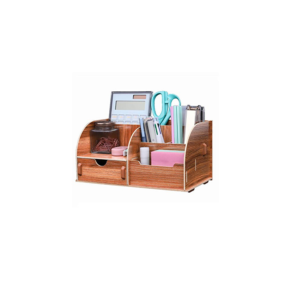 EXERZ Desk Organiser/Desk Tidy Caddy - Assembly by Youself Easily - Pen Holder/Multifunctional Organiser with 7 Compartments (Wooden)