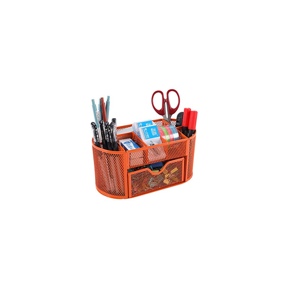 EasyPAG Office Mesh Desk Tidy Versatile Stationery Storage Desktop Organiser Pen Holder with Drawer,Orange