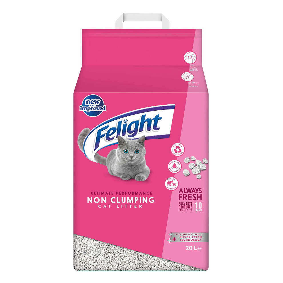 Felight Non-Clumping Cat Litter (20L Bag) - Antibacterial Silverfresh Technology, Prevents Odours for up to 10 Days, Made in the UK