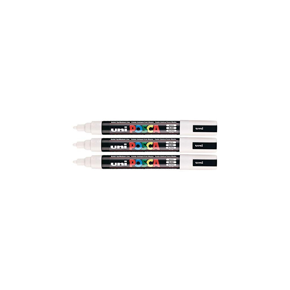 Posca PC-5M White Colour Paint Marker Pens 2.5mm Medium Bullet Tip Nib Writes On Any Surface Glass Metal Wood Plastic Fabric (Pack Of 3)