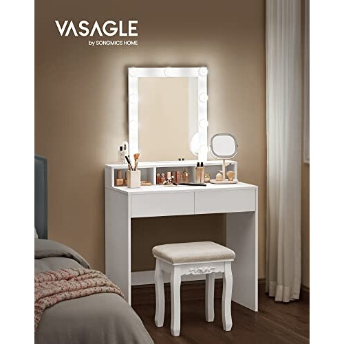 White Vanity Table with Lights & Ample Storage Drawers 1