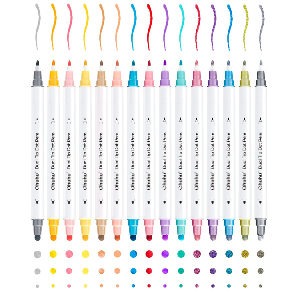 Ohuhu Dual Tip Metallic Dot Pens 15 Vibrant Colours Metallic Pens (Fine & Dot Tip) - Water-Based Ink Paint Pens for Scrapbooking Journaling Photo