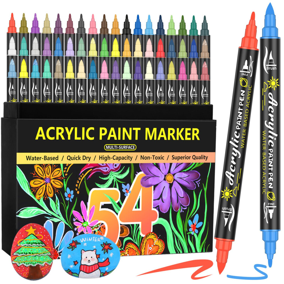 Lyuvie 54 Colours Dual Tip Acrylic Paint Pens Set-Permanent Acrylic Paint Markers Fine Tip & Brush Tip for Rock Painting Fabric Stone Wood Glass Paper