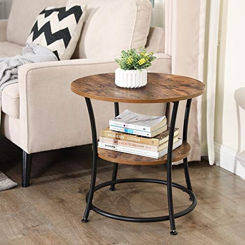 Rustic Brown Round Side Table with Black Steel Frame 2
