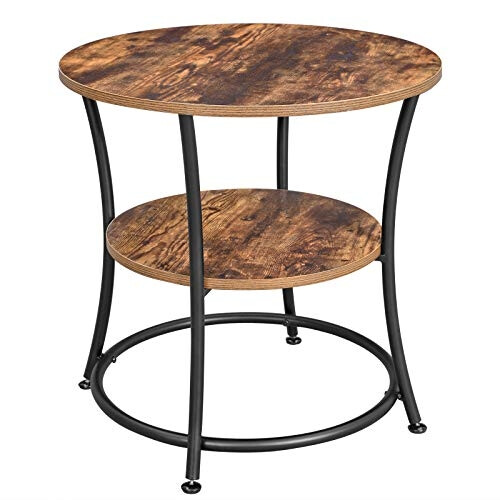 Rustic Brown Round Side Table with Black Steel Frame