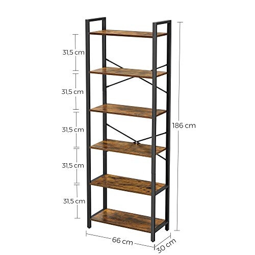 6-Tier Rustic Bookshelf with Steel Frame for Any Room 2