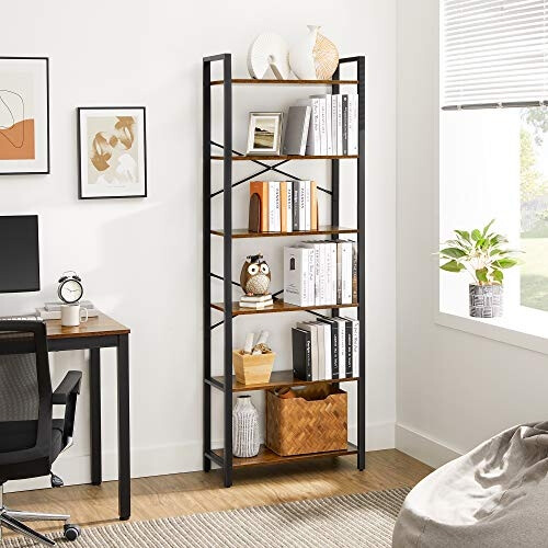 6-Tier Rustic Bookshelf with Steel Frame for Any Room 1