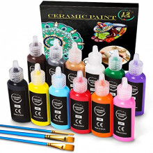RATEL Ceramic Paint Set, 12 x 22ml Water Resistant Porcelain Paint with 3 Brushes, Ideal Ceramic Colors for Painting DIY Mugs, Cups, Plate, Ceramics,
