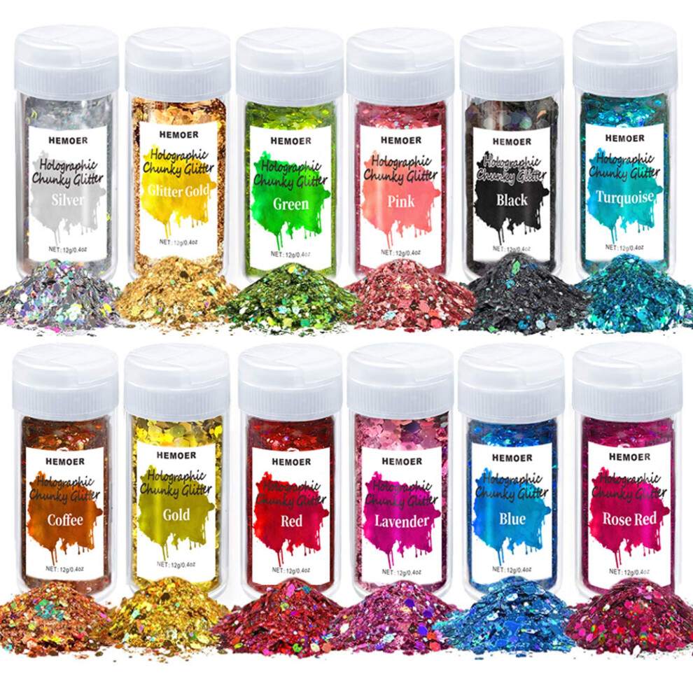 HEMOER 12 Colors Holographic Chunky Glitter, 144g Craft Glitter, Face Glitter, Cosmetic Grade Sequins Glitter for Body, Eyes, Epoxy Resin, Festival