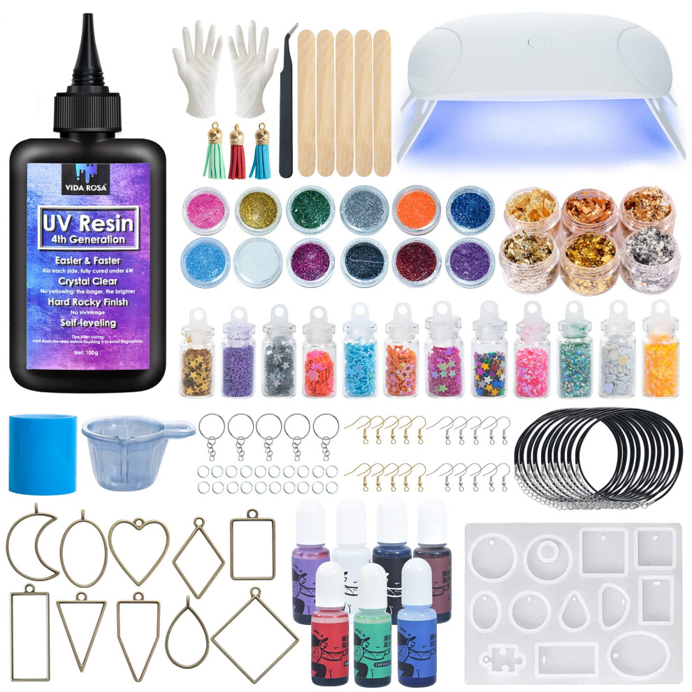 VidaRosa UV Resin Kit with Lamp, Super Crystal Clear Hard Resin Sunlight Curing Quick Starter Kit for Jewelry Making, Doming, Coating, and Casting,