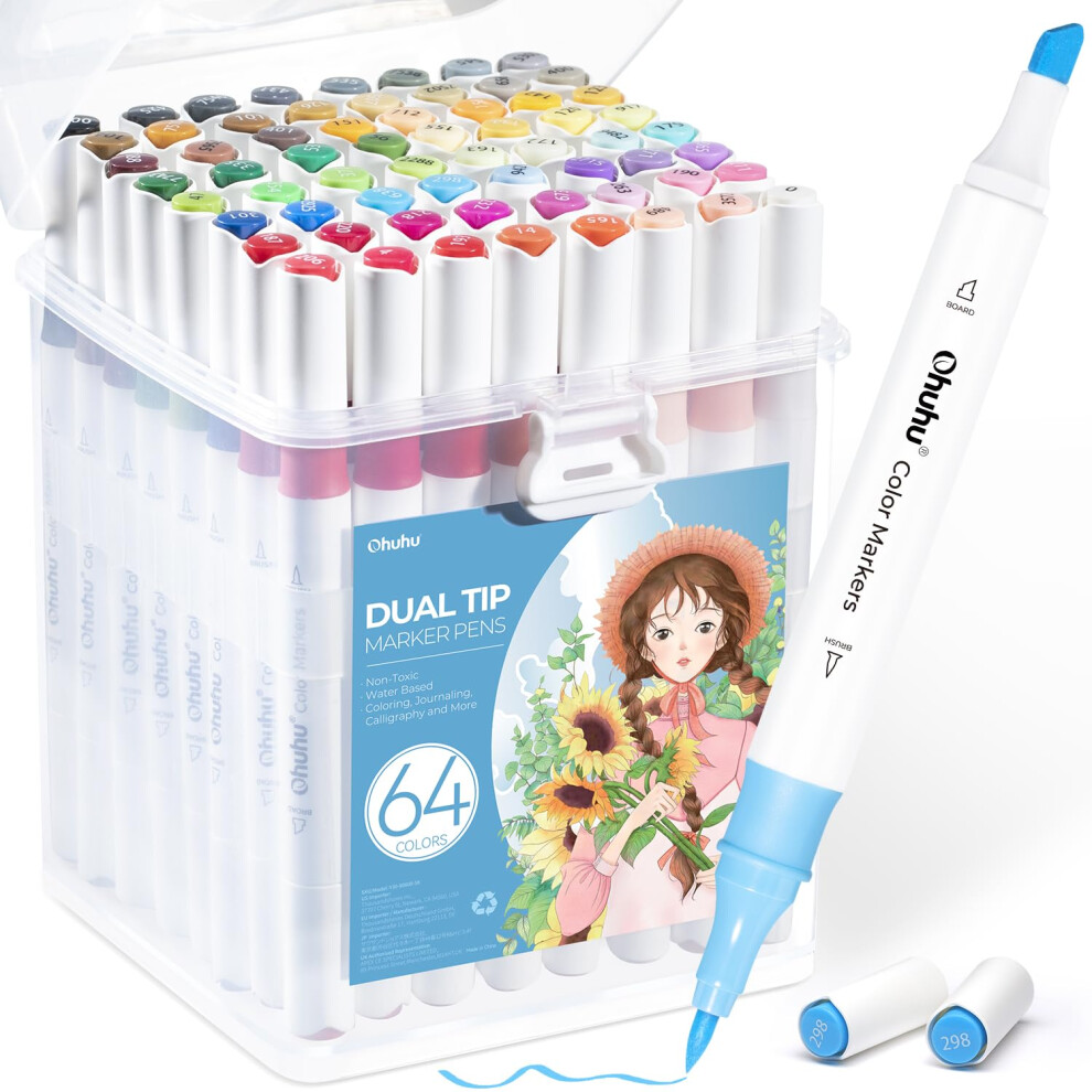 Ohuhu Marker Pens Water-Based, 64 Colours Dual Tip Art Markers Brush Pens for Adults Colouring Pens for Anime Manga Design, Calligraphy, Drawing, and