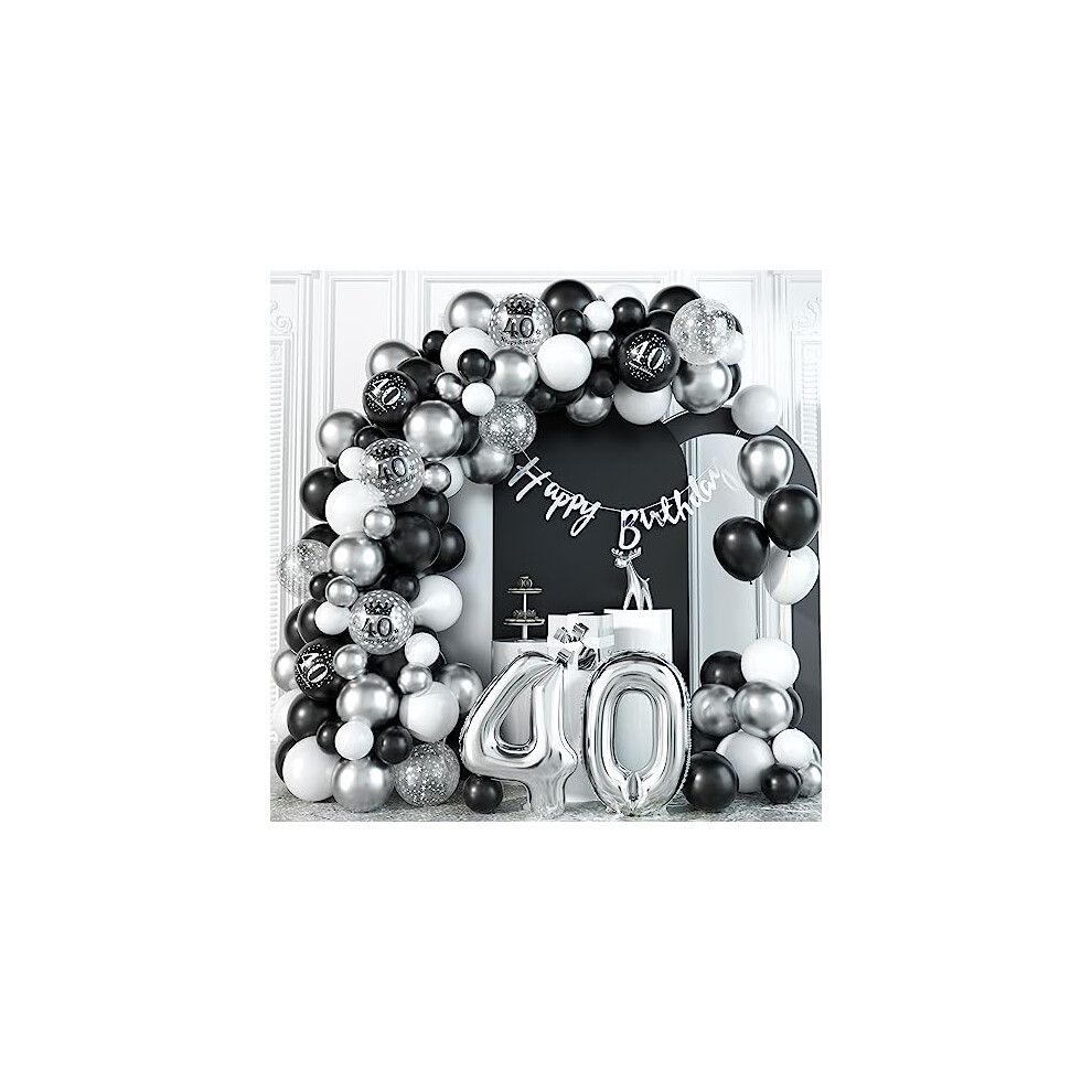 40th Birthday Decorations Black Silver Balloons Arch Kit with Number 40 Foil Confetti Balloon Happy Birthday Bunting Banner Black and Silver Party